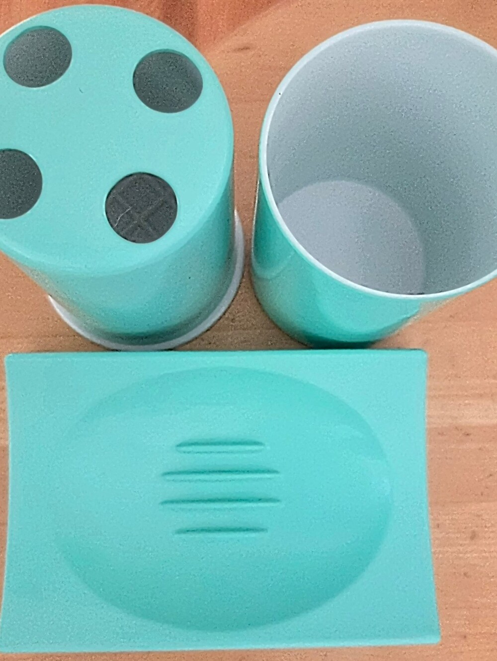 Vintage New TURQUOISE BLUE GREEN Bathroom SET Toothbrush  Holder Soup Dish Cup